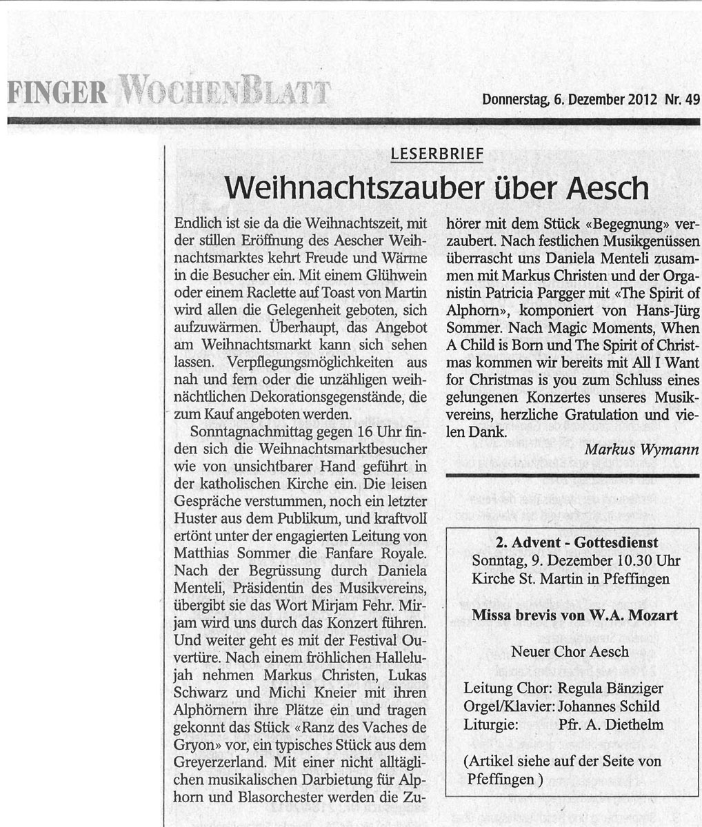 Artikel Adventskonzert 2012 Wochenblatt